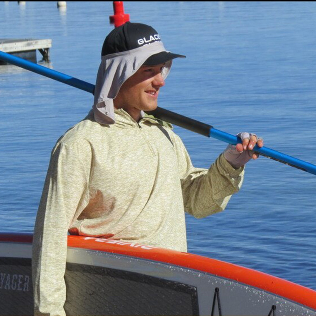 Glacier Outdoor universal sun shade headwear showing lightweight fabric and adjustable fit for outdoor sun protection.