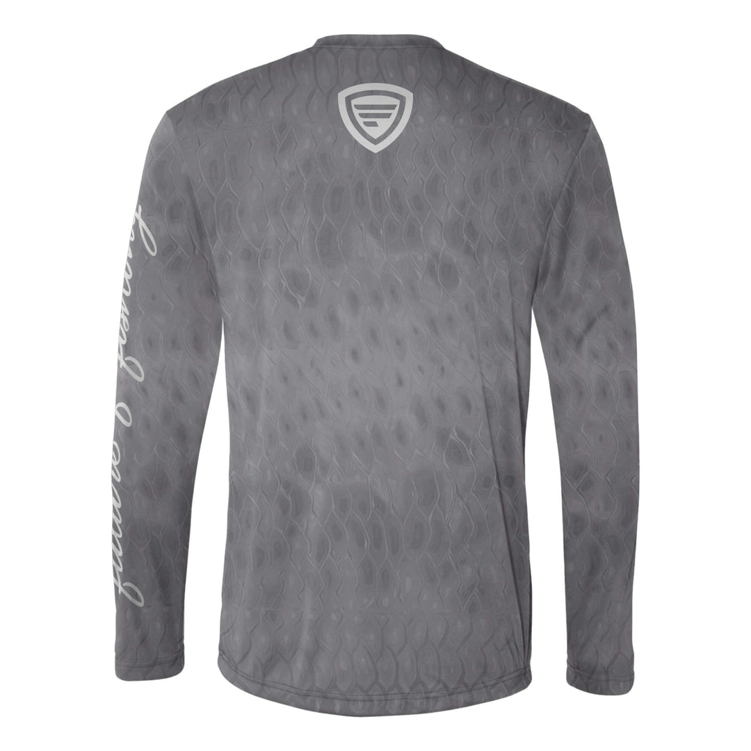 Favorite Fishing Performance Long Sleeve Scalzo T-Shirt in grey, showcasing lightweight, moisture-wicking fabric for outdoor activities.