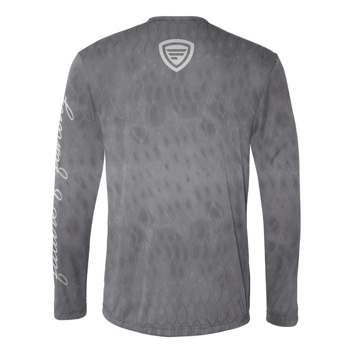 Favorite Fishing Performance Long Sleeve Scalzo T-Shirt in grey, showcasing lightweight, moisture-wicking fabric for outdoor activities.