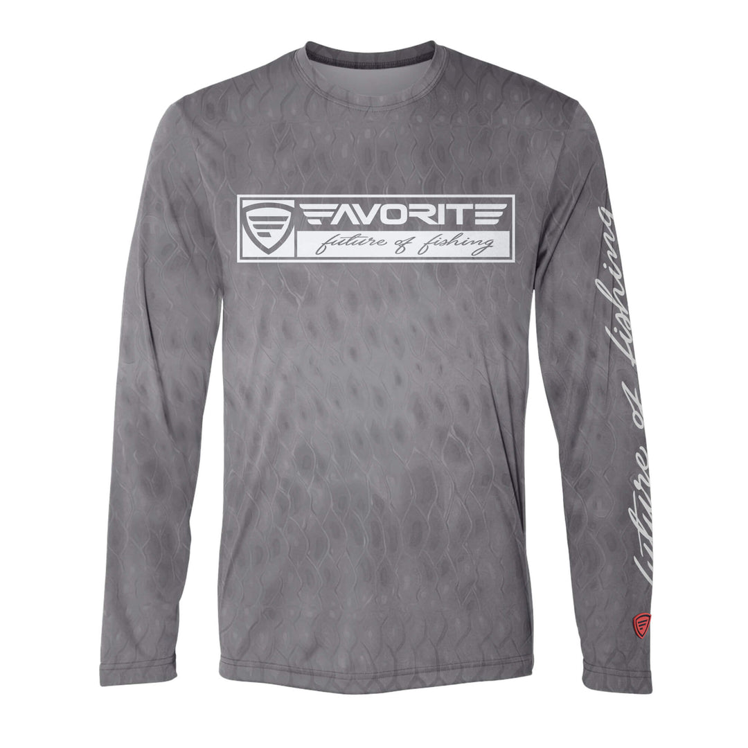 Favorite Fishing Performance Long Sleeve Scalz T-Shirt in grey, showcasing its comfortable fabric and casual fit.