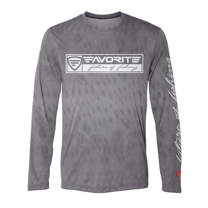 Favorite Fishing Performance Long Sleeve Scalz T-Shirt in grey, showcasing its comfortable fabric and casual fit.