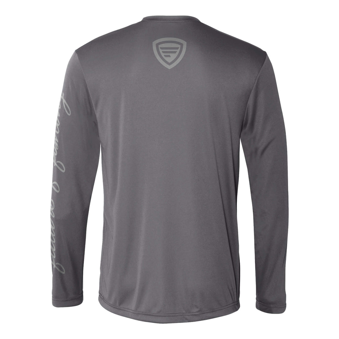 Favorite Fishing performance long sleeve T-shirt in solid grey, designed for comfort and outdoor activities.