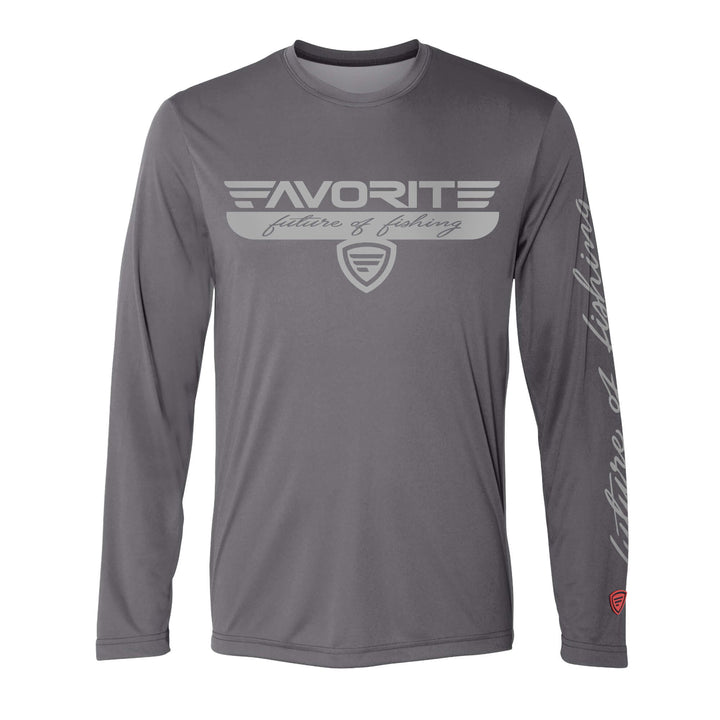Favorite Fishing performance long sleeve T-shirt in solid grey, designed for comfort and outdoor activities.