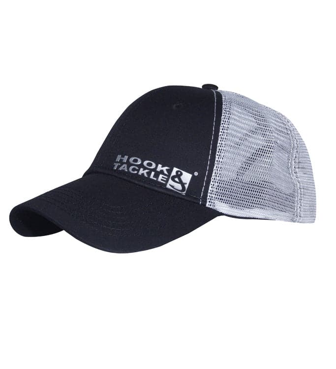 Black Metallica fishing trucker hat by Hook & Tackle with mesh back and embroidered logo, perfect for fishing and casual wear.