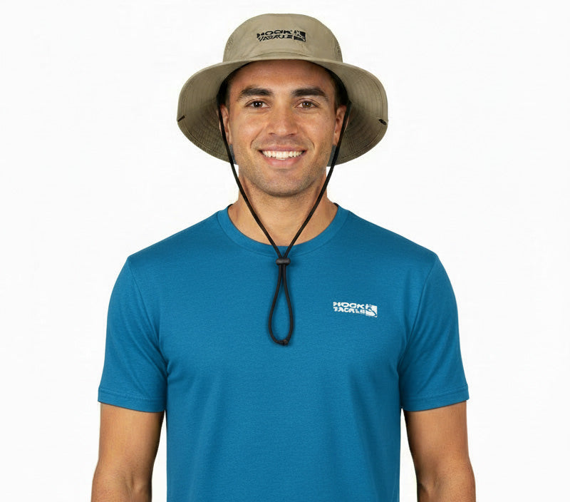 Khaki Shady Bucket Hat by Hook & Tackle, a stylish accessory with wide brim for sun protection.
