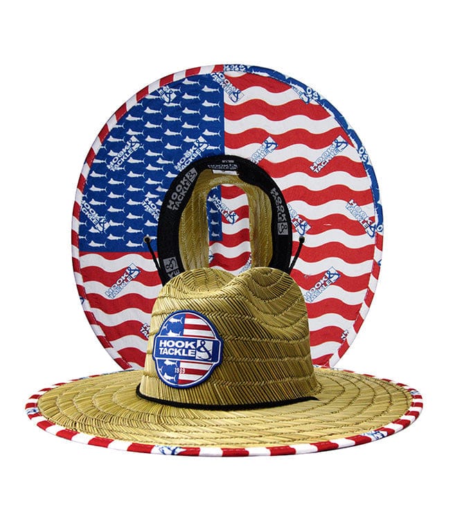 Pair of U.S. Marlins straw hats by Hook & Tackle, lightweight accessories with wide brims, perfect for sun protection.