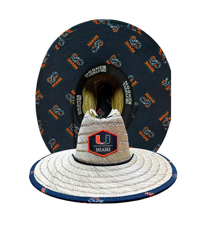 University of Miami logo straw hat by Hook & Tackle, a stylish accessory with a natural straw design and Miami logo detail.