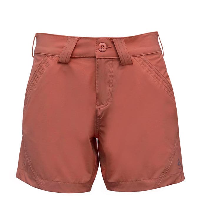 Women's Hook & Tackle Coastland 4-Way Stretch Casual Short in NE Red, showing the comfortable, fitted design and vibrant color.