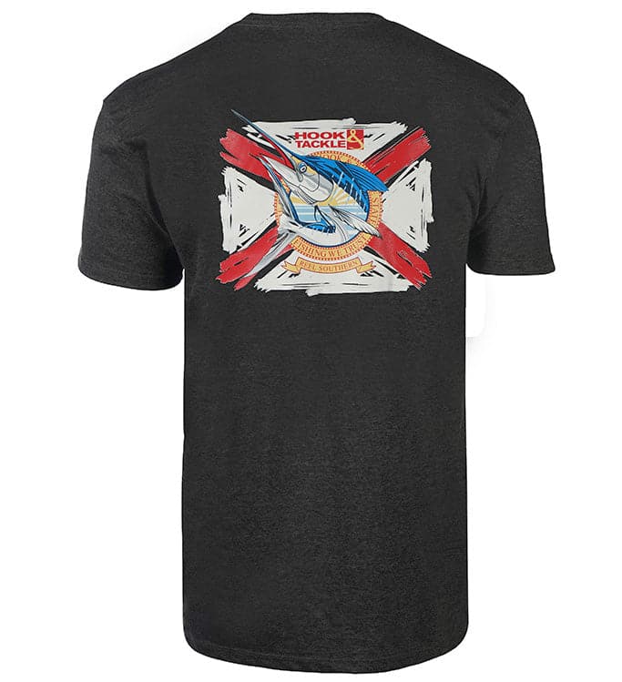 Men's cotton T-shirt by Hook & Tackle featuring a Southern Florida flag design on Char Heather fabric.