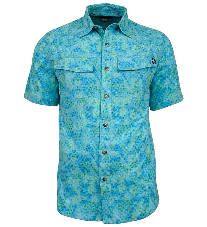 Men's Hook & Tackle Hexa Dreams UV vented fishing shirt in aqua green, featuring lightweight, breathable fabric for outdoor fishing.