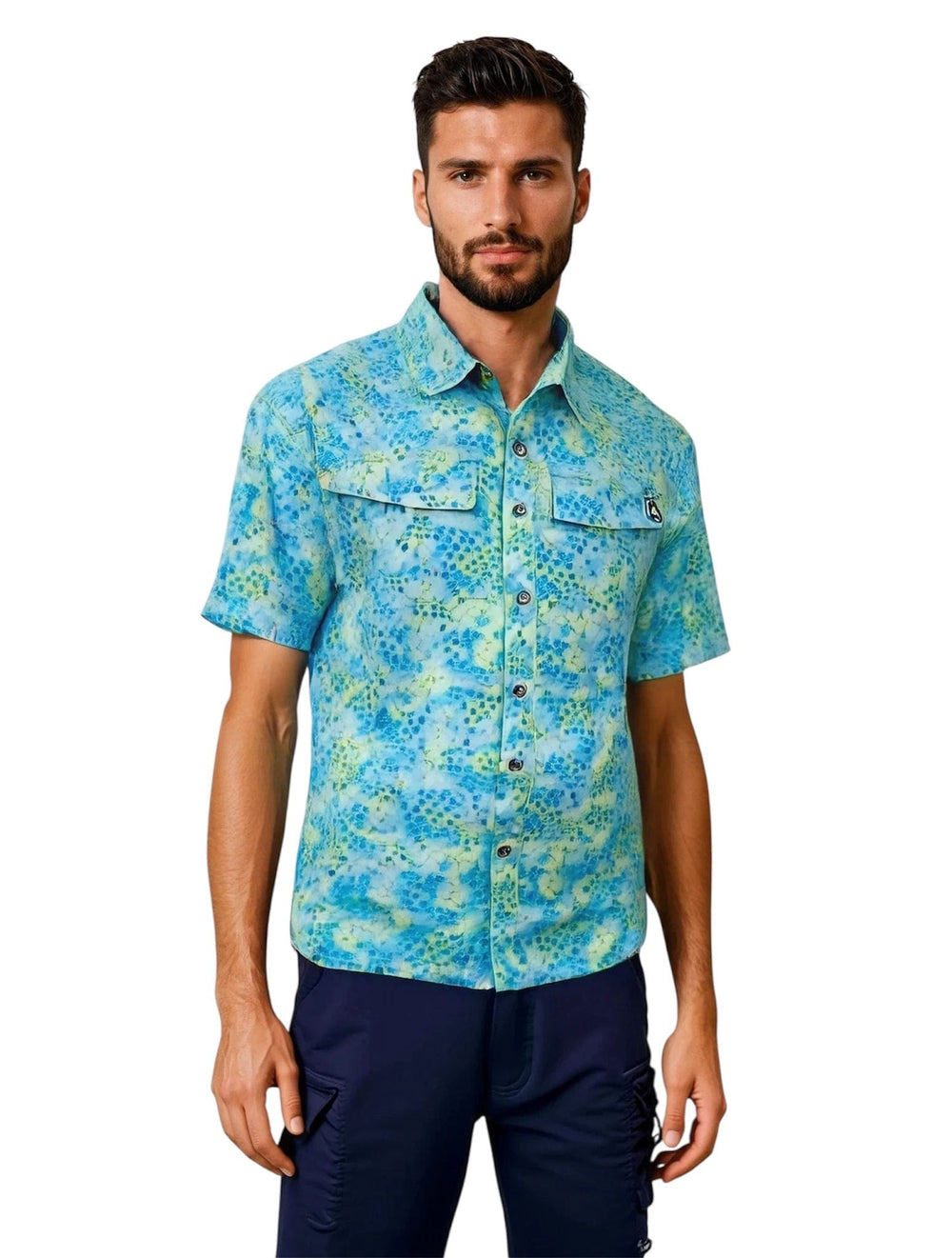 Men's Hook & Tackle Hexa Dreams UV vented fishing shirt in aqua green, featuring breathable fabric and sun protection for anglers.