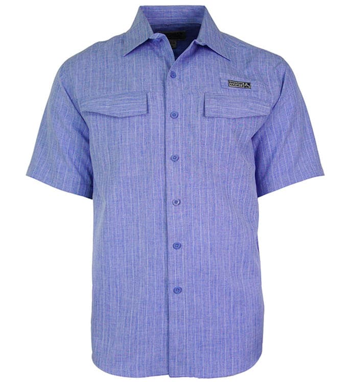 Men's blue Hook & Tackle inlet short-sleeve UV vented fishing shirt with sun protection and breathable fabric.