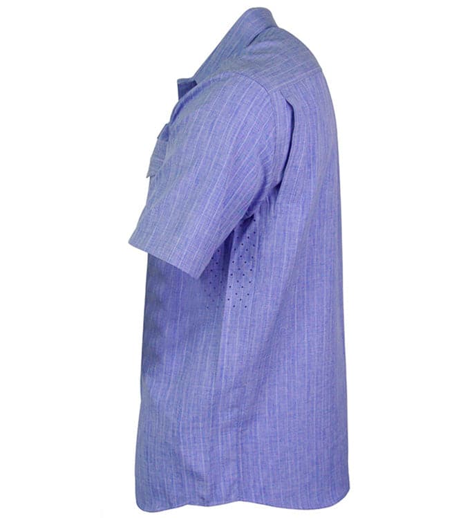 Men's Hook & Tackle blue inlet short-sleeve UV vented fishing shirt with breathable fabric and sun protection.