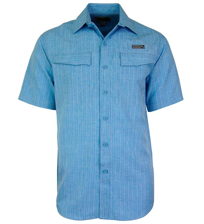 Men's blue Hook & Tackle Inlet S/S UV vented fishing shirt with short sleeves and breathable fabric for outdoor fishing.