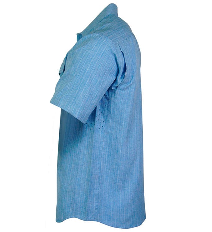 Men's blue Hook & Tackle inlet short-sleeve UV vented fishing shirt with breathable fabric and sun protection.