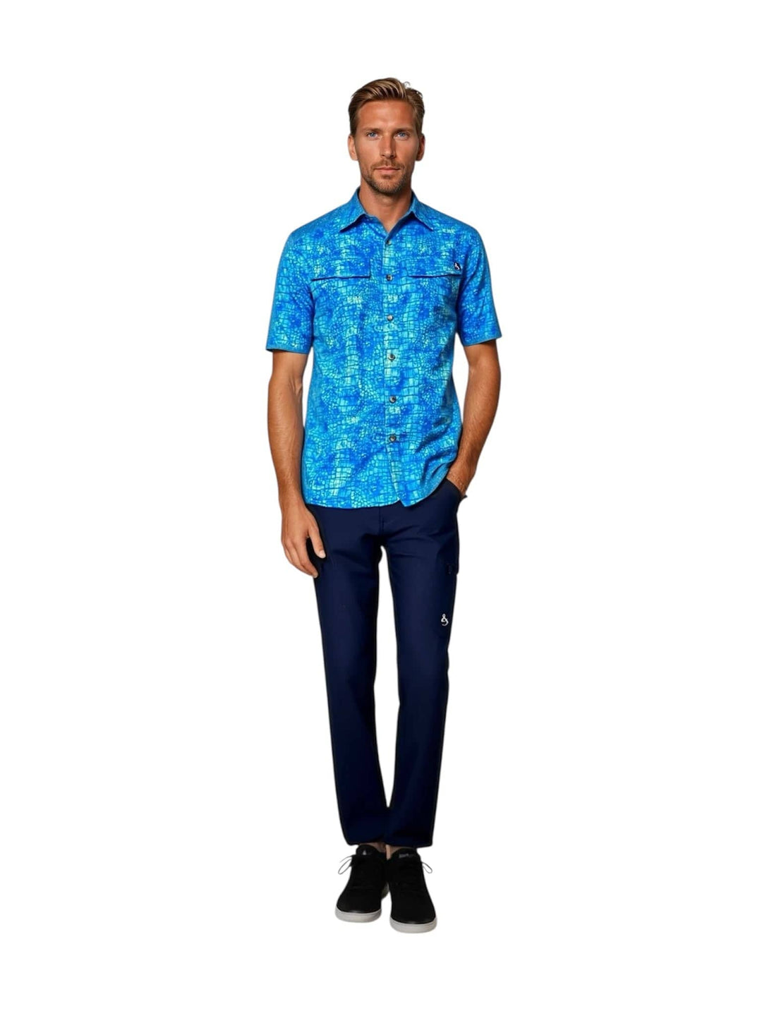 Men's blue Chaos UV Vented Fishing Shirt by Hook & Tackle, featuring breathable fabric and vented design for comfortable fishing.