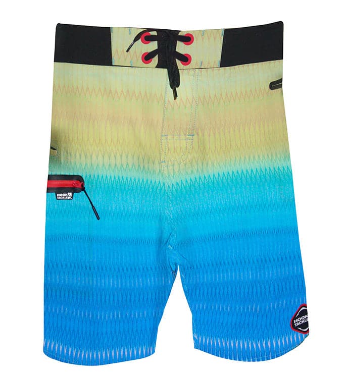 Men's blue mist gradient scales stretch swim boardshort by Hook & Tackle, featuring vibrant scale pattern and comfortable fit.