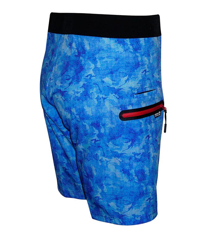 Men's camo hex stretch fishing boardshorts by Hook & Tackle, blue mist swimwear with camo pattern and flexible fabric for active water sports.