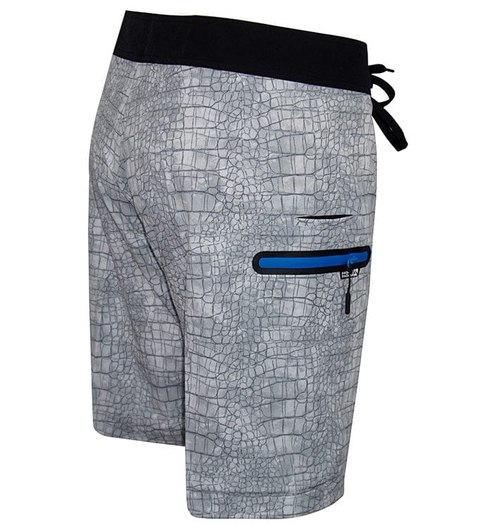 Men's Chaos Stretch Fishing Boardshort by Hook & Tackle, blue swim shorts with a flexible, durable fabric for fishing and swimming.