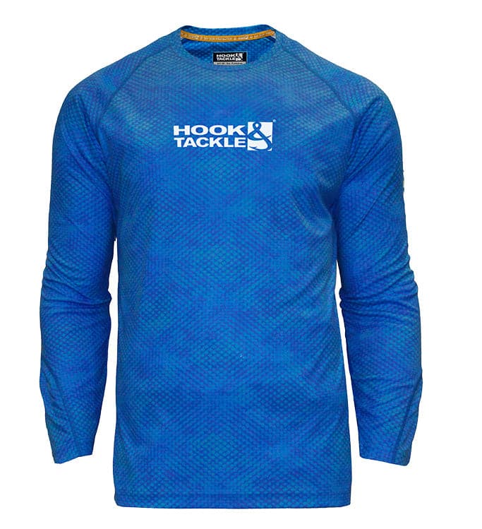 Youth Shadows UV fishing shirt by Hook & Tackle, blue UV UPF sun protection T-shirt for ages 8-20, designed for outdoor fishing.
