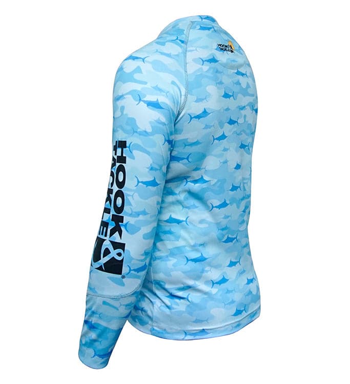 Youth Hook & Tackle Camo Billfish UV fishing shirt in blue mist, UPF sun protection, lightweight, breathable for outdoor fishing.
