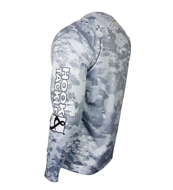 Hook & Tackle Fractal Camo Waves UV Fishing Shirt, UPF sun protection T-shirt in maliblue with camouflage pattern, available in sizes 8-20.