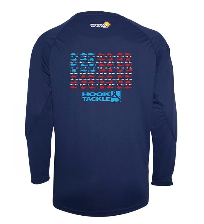 Men's navy American Fish UV Fishing Shirt by Hook & Tackle, long-sleeve UPF sun protection T-shirt with fish graphic design.
