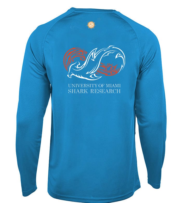 Men's orange University of Miami Seamount long-sleeve UV UPF sun protection T-shirt by Hook & Tackle, shown on a model.