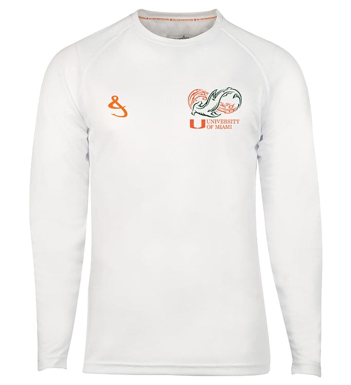 Men's orange University of Miami Seamount long-sleeve UV UPF sun protection t-shirt by Hook & Tackle, featuring team logo and lightweight fabric.