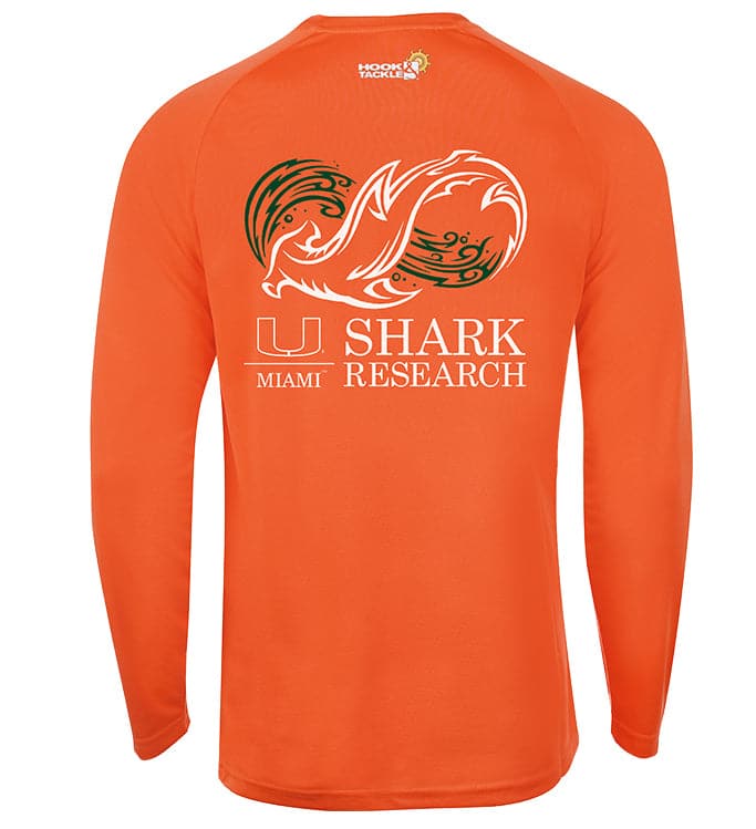 Men's orange University of Miami Seamount long-sleeve UV UPF sun protection T-shirt by Hook & Tackle showcasing the logo and comfortable fit.