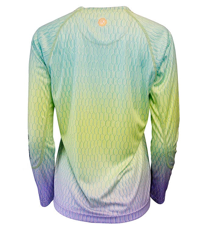 Women's Fish Scale UV Fishing Shirt by Hook & Tackle features sun protection, long sleeves, and fish scale pattern for outdoor fishing.