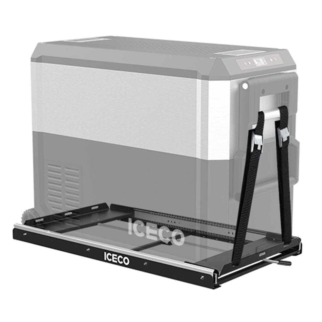 Inca Overland Outfitters fridge slide mount for ICECO models JPPro, VL45, APL35, VL35Pro, VL45Pro, shown on a vehicle interior.