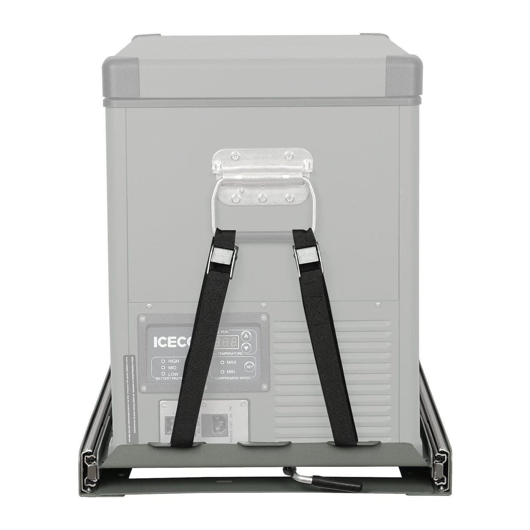 Inca Overland Outfitters fridge slide mount for ICECO models JPPro, VL45, APL35, VL35Pro, VL45Pro in a vehicle setup.