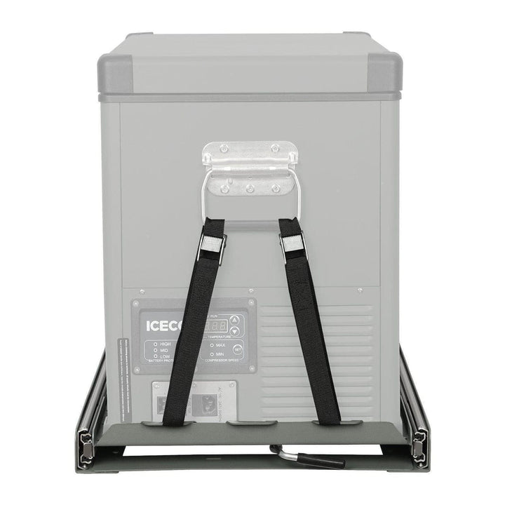 Inca Overland Outfitters fridge slide mount for ICECO models JPPro, VL45, APL35, VL35Pro, VL45Pro in a vehicle setup.