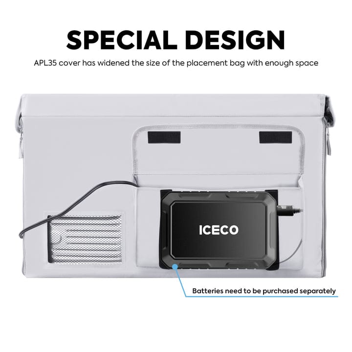 Gray insulated protective cover for APL35 by ICECO, designed for durable outdoor appliance protection by Inca Overland Outfitters.