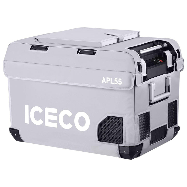 Gray insulated protective cover for APL55 ICECO by Inca Overland Outfitters, designed to shield and insulate the appliance.