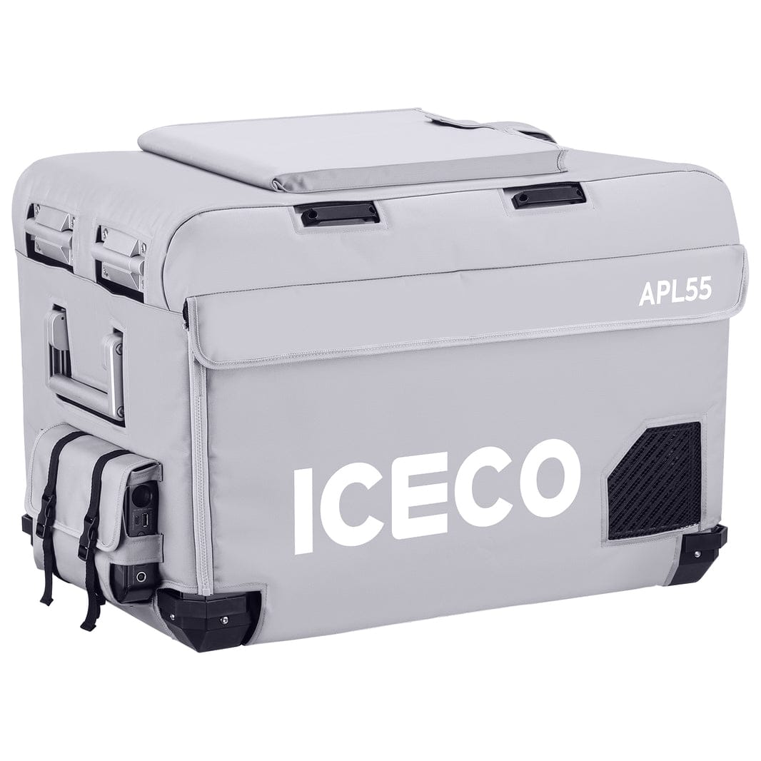 Gray insulated protective cover for APL55 by ICECO, designed to shield and insulate portable refrigeration units.