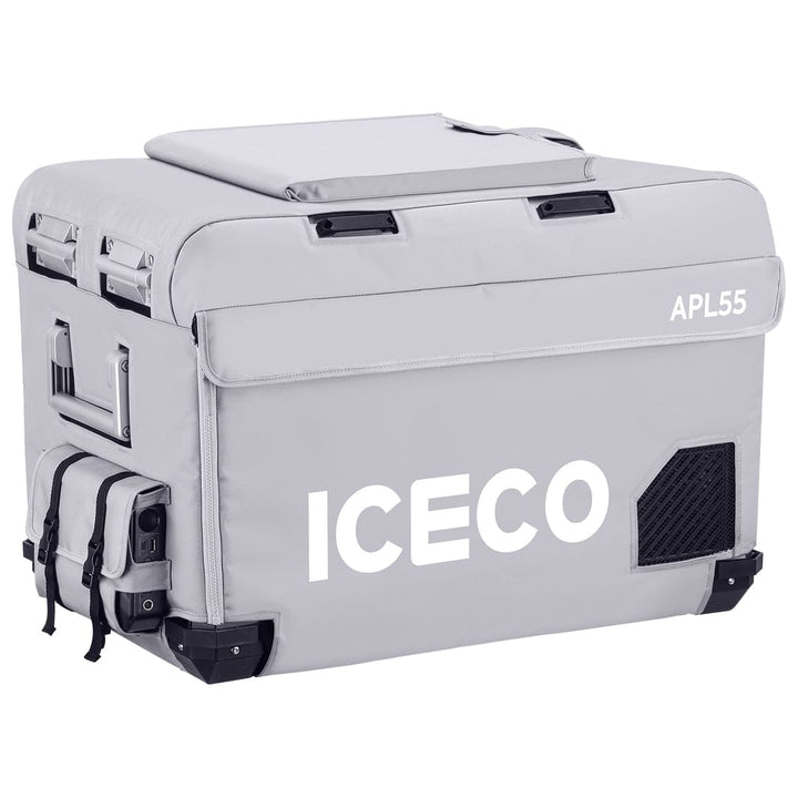Gray insulated protective cover for APL55 by ICECO, designed to shield and insulate portable refrigeration units.