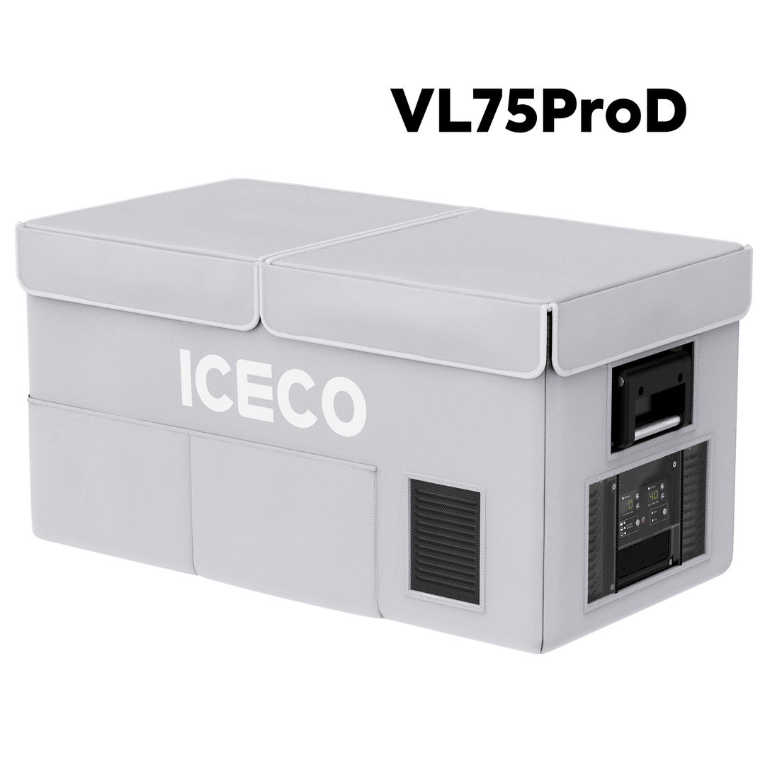 Gray VL75ProD insulated protective cover for ICECO appliances, designed by Inca Overland Outfitters, with durable insulation and snug fit.