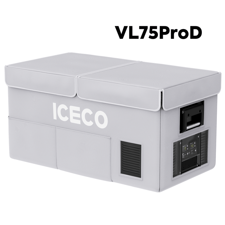 Gray VL75ProD insulated protective cover for ICECO appliances, designed by Inca Overland Outfitters, with durable insulation and snug fit.