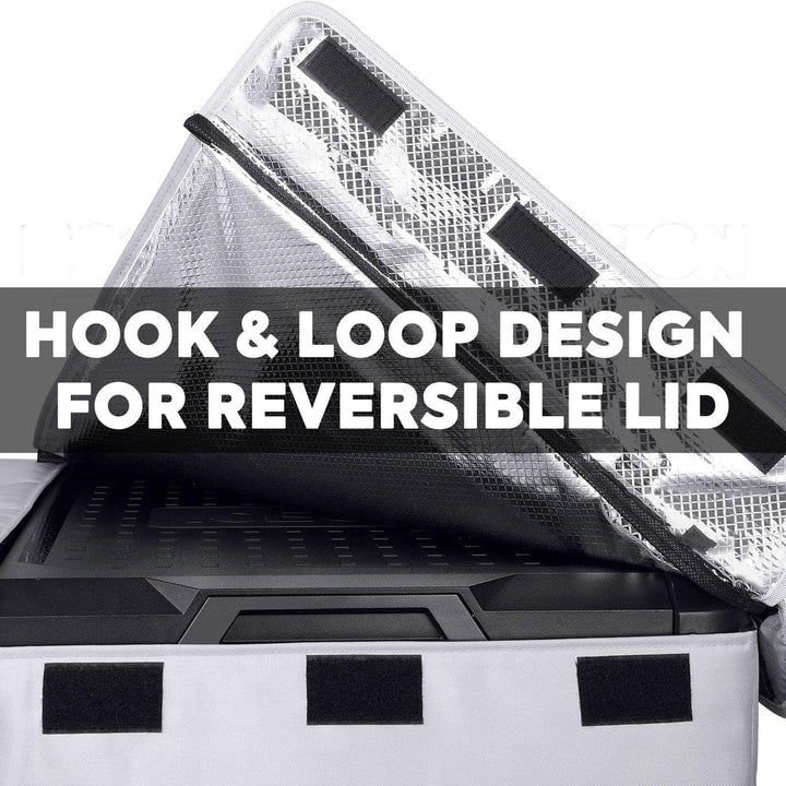 Gray insulated protective cover for VL75ProD by ICECO, designed for durable outdoor appliance protection.