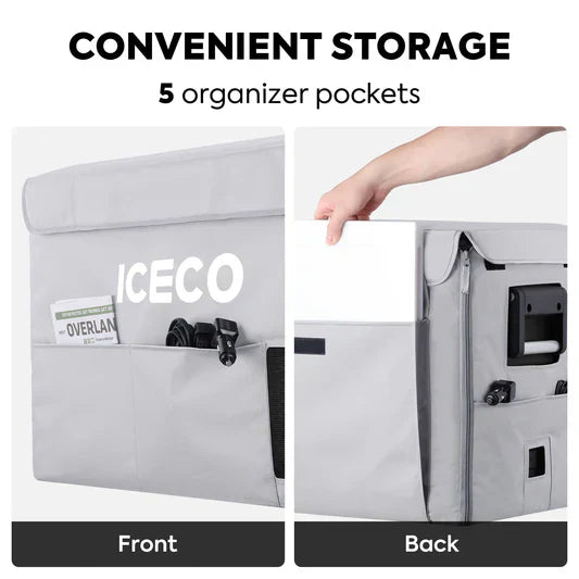 Silver VL45ProS insulated protective cover for ICECO appliances, designed by Inca Overland Outfitters, with durable waterproof material.