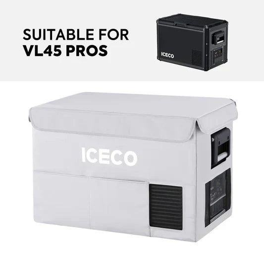 Silver insulated protective cover for VL45ProS from ICECO, designed by Inca Overland Outfitters, shown on the product.