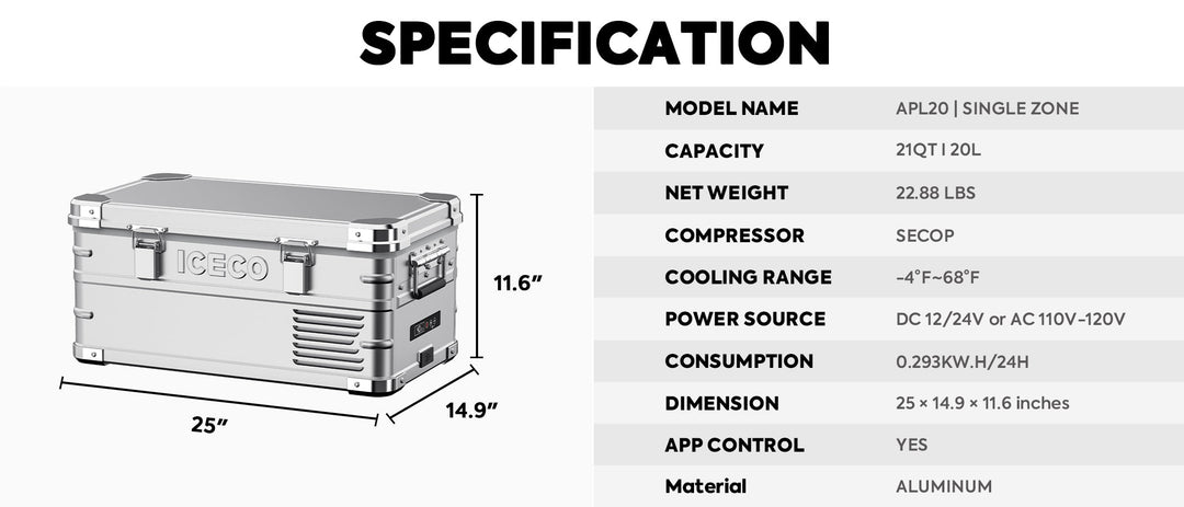 Inca Overland Outfitters APL20 Light Duty Aluminum Freezer, single zone, 20L capacity, silver portable cooler by ICECO.