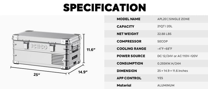 Inca Overland Outfitters APL20 Light Duty Aluminum Freezer, single zone, 20L capacity, silver portable cooler by ICECO.
