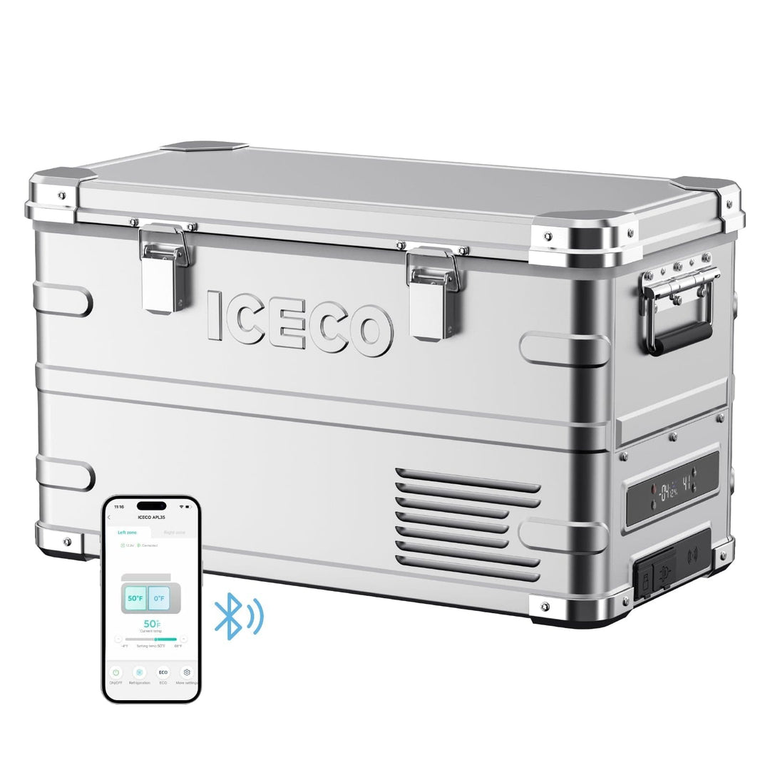 Inca Overland Outfitters APL35 dual-zone aluminum fridge refrigerator with silver finish, 35 liters capacity, by ICECO.