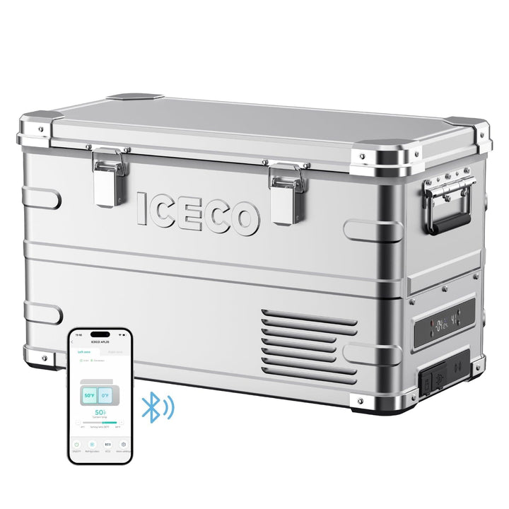 Inca Overland Outfitters APL35 dual-zone aluminum fridge refrigerator with silver finish, 35 liters capacity, by ICECO.