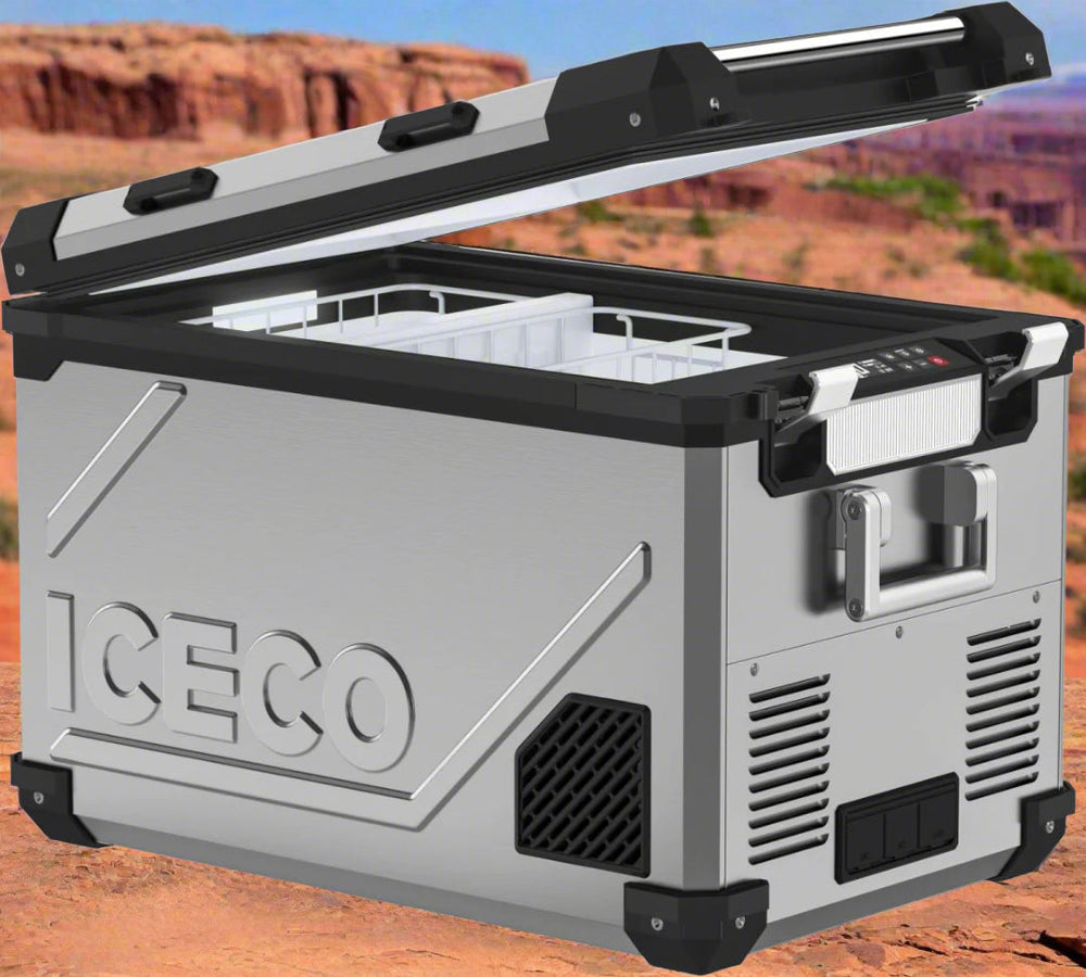 Inca Overland Outfitters APL55 Dual Zone 12V fridge in silver, 55-liter capacity with dual cooling zones for versatile outdoor use.