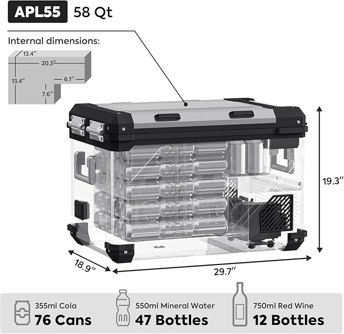 Inca Overland Outfitters APL55 Dual Zone 12V fridge, silver 55-liter ICECO APL Series with two temperature zones and compact design.