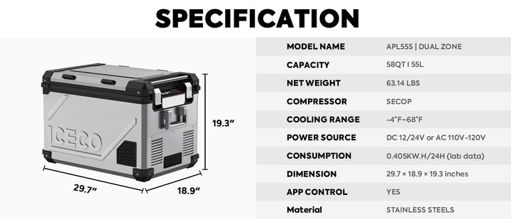 Inca Overland Outfitters APL55 Dual Zone 12V Fridge, silver 55-liter ICECO APL Series for outdoor and camping use